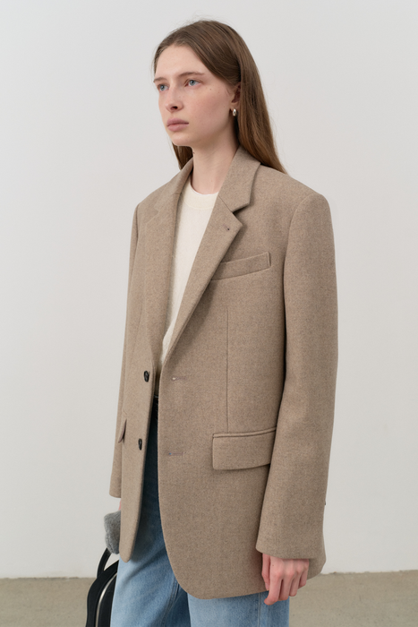 Unisex Classic Two Button Wool Blazer in Beige