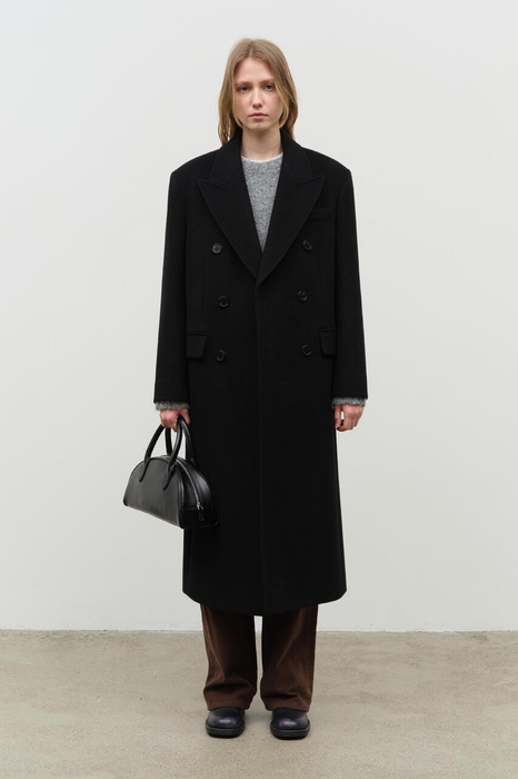 Unisex Tailored Double-Breasted Wool Coat in Black