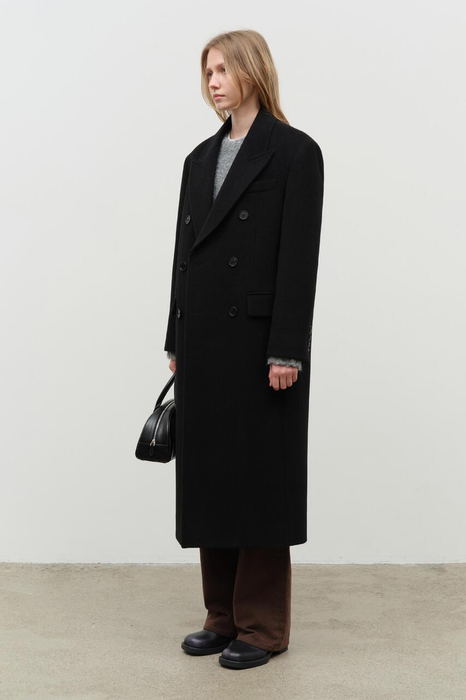 Unisex Tailored Double-Breasted Wool Coat in Black