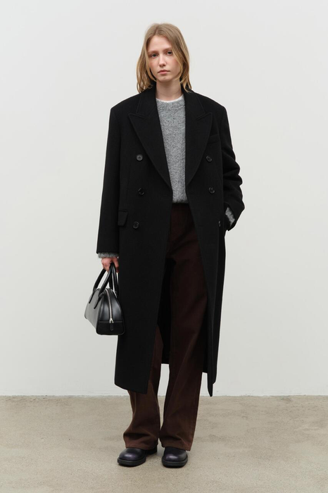 Unisex Tailored Double-Breasted Wool Coat in Black