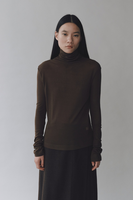 Thin Ribbed Roll Neck Top in Brown