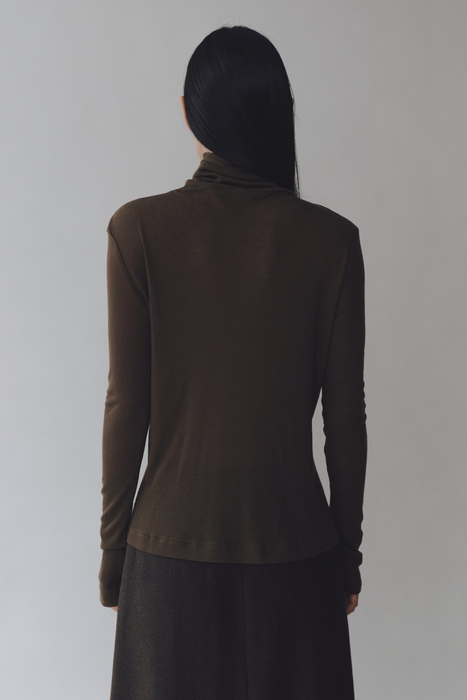 Thin Ribbed Roll Neck Top in Brown